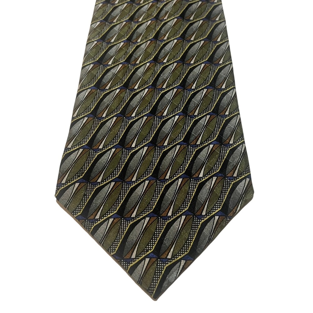 Louis Feraud Silk Necktie Olive Green Gold Geometric Abstract Professional Vtg